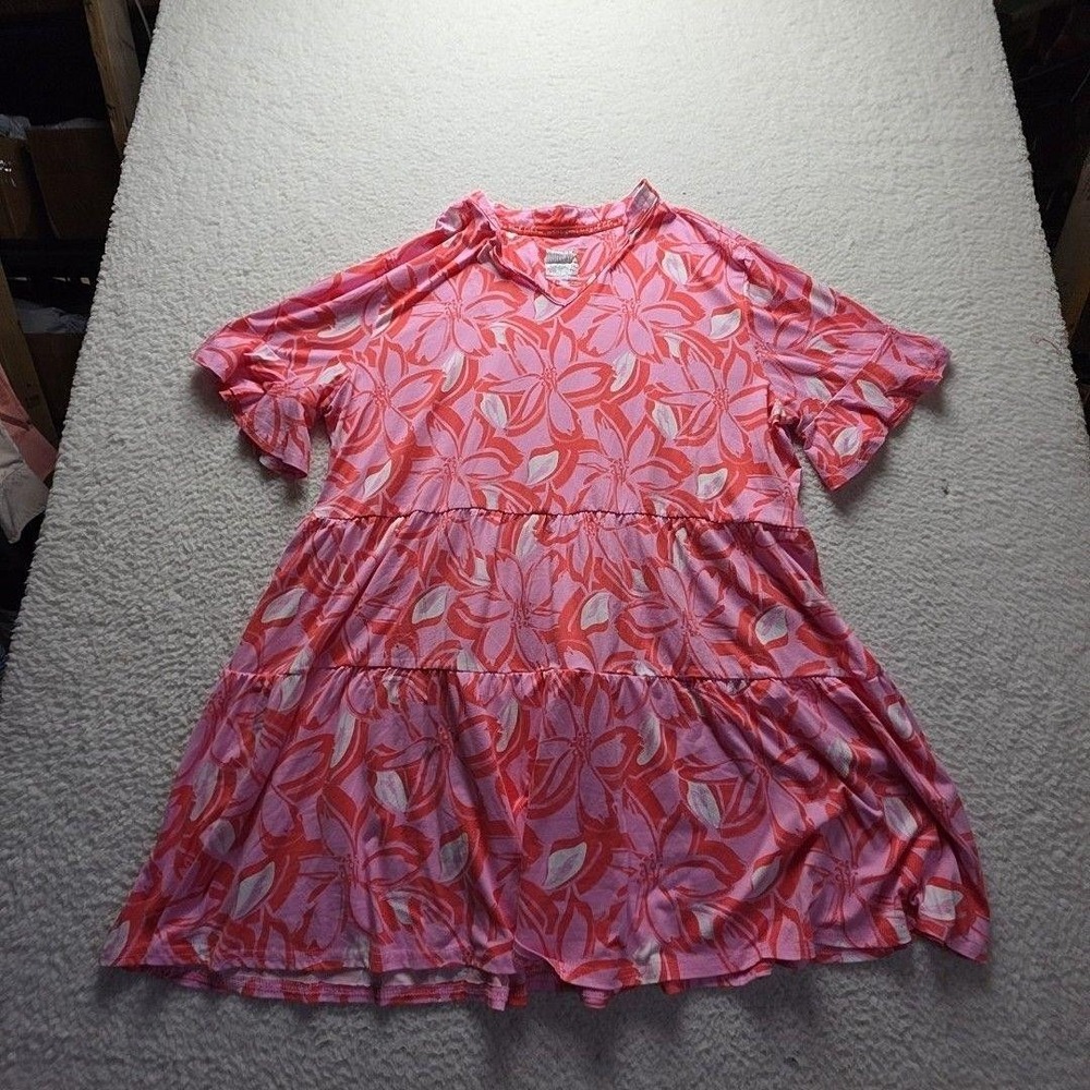 MUK LUKS Dress Womens 1X Pink Floral Short Sleeve V Neck Swing Knee Length